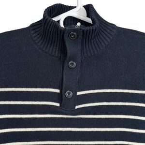 American Eagle Men's M Striped Mock Neck Quarter Zip Button Sweater Navy Blue